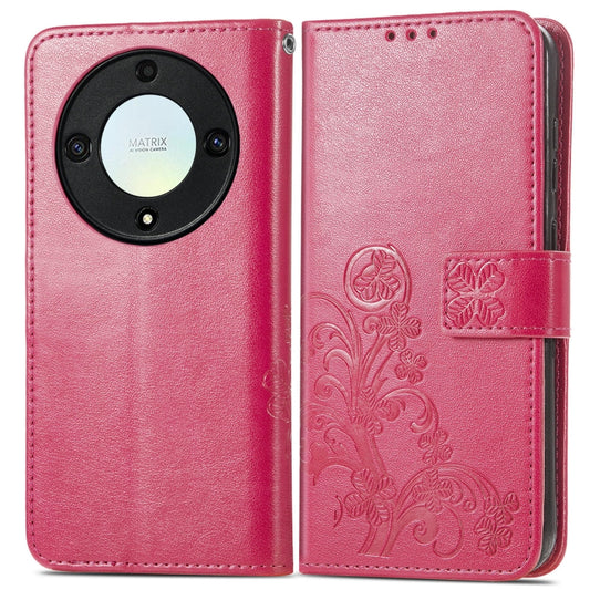 For Honor Magic5 Lite Four-leaf Clasp Embossed Buckle Leather Phone Case(Magenta) by buy2fix