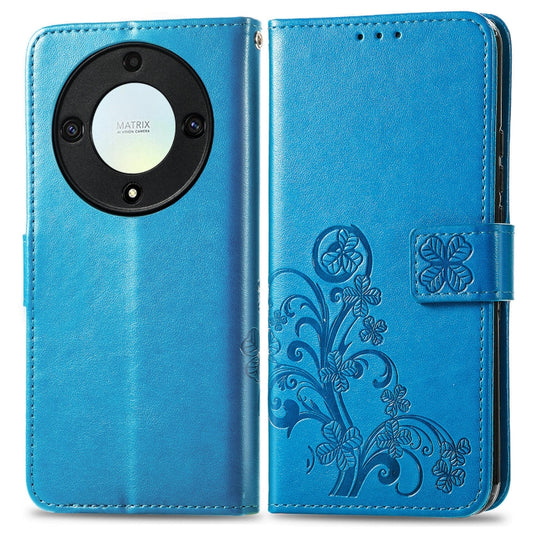 For Honor Magic5 Lite Four-leaf Clasp Embossed Buckle Leather Phone Case(Blue) by buy2fix