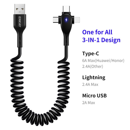 ENKAY Hat-Prince 3 in 1 6A USB to 8 Pin+Type-C+Micro USB Supper Fast Charge Spring Cable, Length: 1.8m(Black) by ENKAY