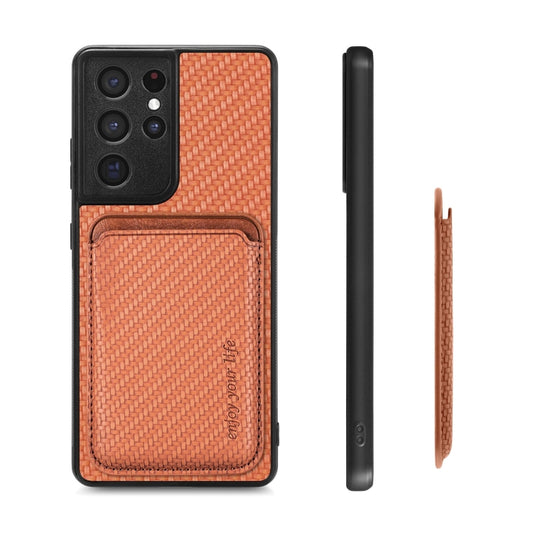 For Samsung Galaxy S21 Ultra 5G Carbon Fiber Leather Card Magsafe Magnetic Phone Case(Brown) by buy2fix