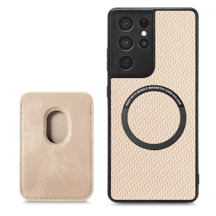 For Samsung Galaxy S21 Ultra 5G Carbon Fiber Leather Card Magsafe Magnetic Phone Case(Khaki) - Galaxy S21 Ultra 5G Cases by buy2fix | Online Shopping UK | buy2fix