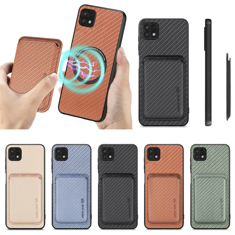 For Samsung Galaxy A22 5G Carbon Fiber Leather Card Magsafe Magnetic Phone Case(Khaki) by buy2fix