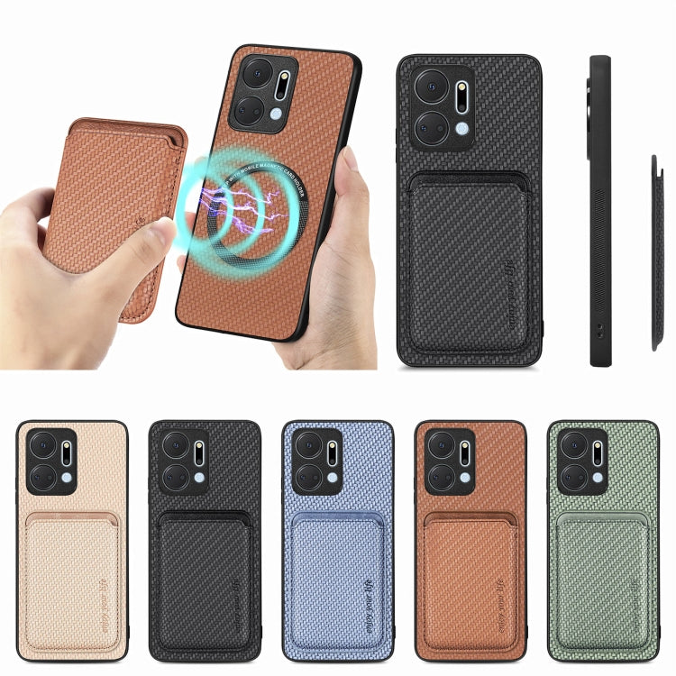 For Honor X7A Carbon Fiber Leather Card Magsafe Magnetic Phone Case(Khaki) - Honor Cases by buy2fix | Online Shopping UK | buy2fix