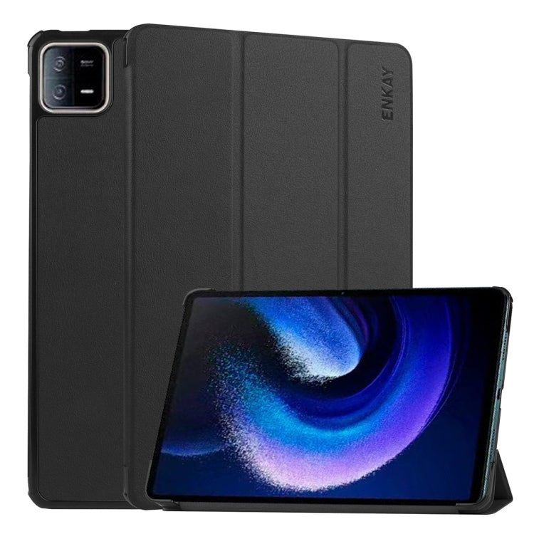 For Xiaomi Pad 6 / Pad 6 Pro ENKAY Tri-fold Custer Texture Leather Stand Smart Case(Black) - More Tablet Cases by ENKAY | Online Shopping UK | buy2fix
