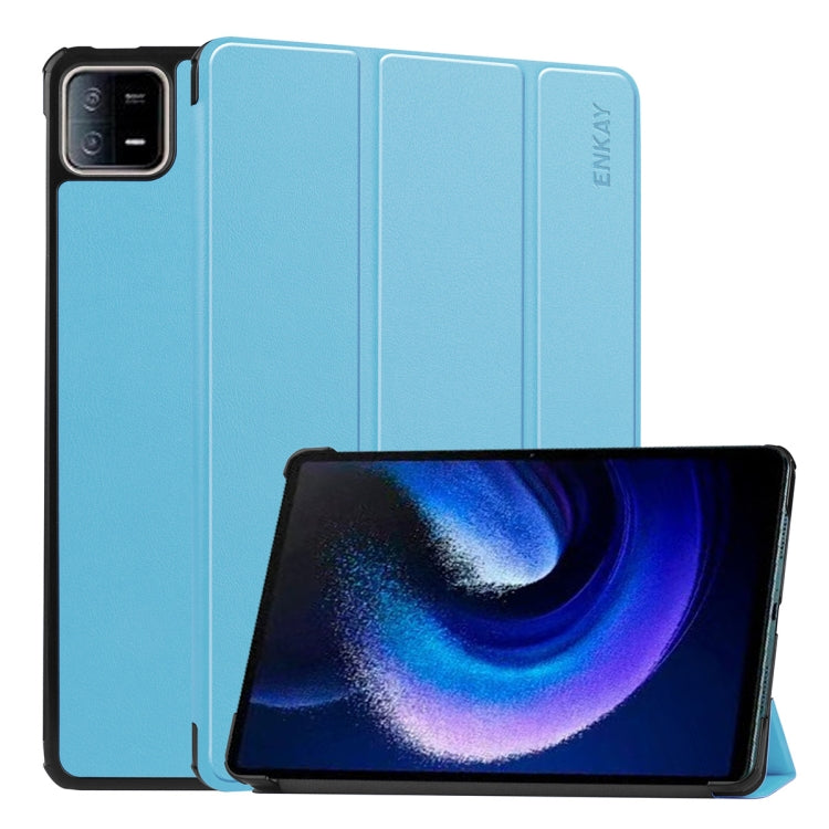 For Xiaomi Pad 6 / Pad 6 Pro ENKAY Tri-fold Custer Texture Leather Stand Smart Case(Light Blue) - More Tablet Cases by ENKAY | Online Shopping UK | buy2fix