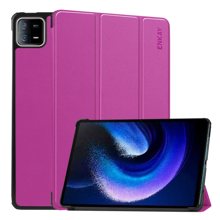 For Xiaomi Pad 6 / Pad 6 Pro ENKAY Tri-fold Custer Texture Leather Stand Smart Case(Purple) - More Tablet Cases by ENKAY | Online Shopping UK | buy2fix