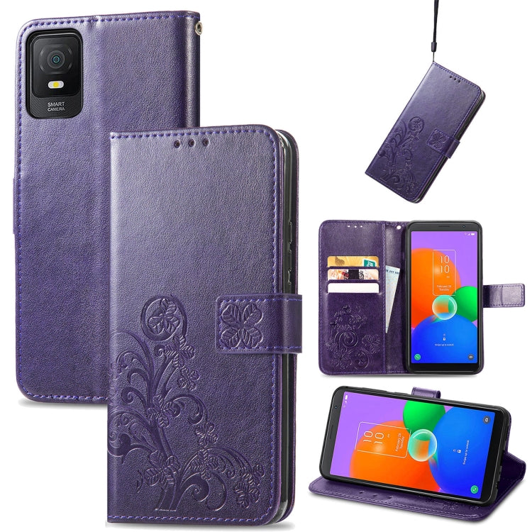 For TCL 403 Four-leaf Clasp Embossed Buckle Leather Phone Case(Purple) - TCL by buy2fix | Online Shopping UK | buy2fix