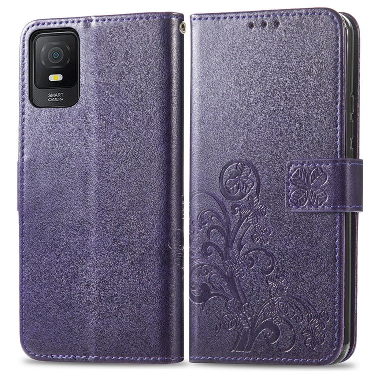 For TCL 403 Four-leaf Clasp Embossed Buckle Leather Phone Case(Purple) - TCL by buy2fix | Online Shopping UK | buy2fix