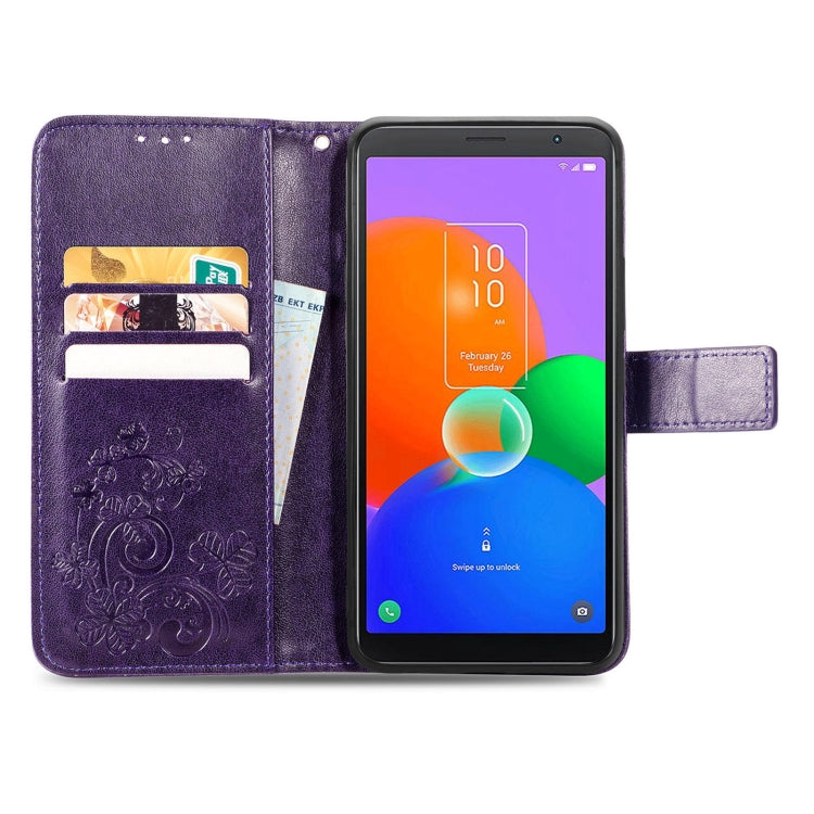 For TCL 403 Four-leaf Clasp Embossed Buckle Leather Phone Case(Purple) - TCL by buy2fix | Online Shopping UK | buy2fix