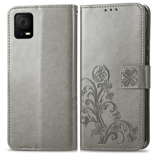 For TCL 405 Four-leaf Clasp Embossed Buckle Leather Phone Case(Gray) by buy2fix
