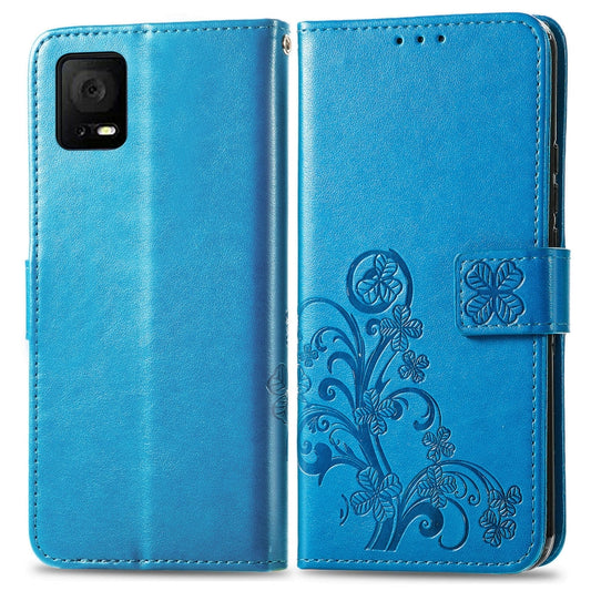 For TCL 405 Four-leaf Clasp Embossed Buckle Leather Phone Case(Blue) by buy2fix