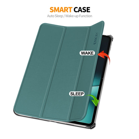 For OnePlus Pad / OPPO Pad 2 ENKAY Tri-fold Custer Texture Leather Stand Smart Case(Dark Green) by ENKAY