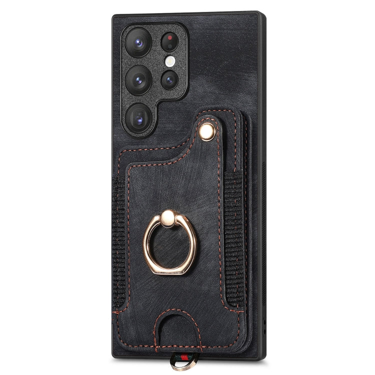 For Samsung Galaxy S22 Ultra 5G Retro Skin-feel Ring Multi-card Wallet Phone Case(Black) - Galaxy S22 Ultra 5G Cases by buy2fix | Online Shopping UK | buy2fix