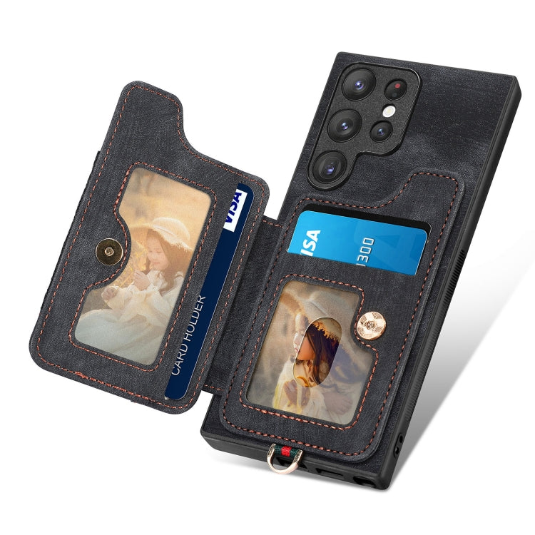 For Samsung Galaxy S22 Ultra 5G Retro Skin-feel Ring Multi-card Wallet Phone Case(Black) - Galaxy S22 Ultra 5G Cases by buy2fix | Online Shopping UK | buy2fix