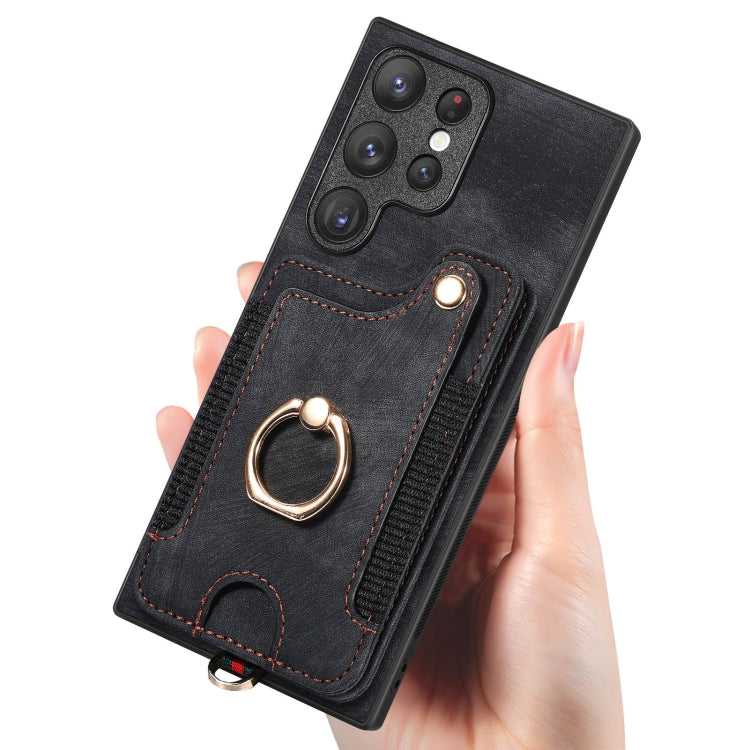 For Samsung Galaxy S22 Ultra 5G Retro Skin-feel Ring Multi-card Wallet Phone Case(Black) - Galaxy S22 Ultra 5G Cases by buy2fix | Online Shopping UK | buy2fix