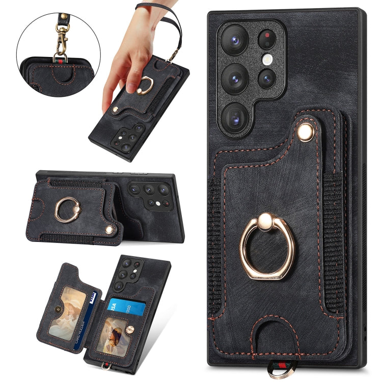 For Samsung Galaxy S22 Ultra 5G Retro Skin-feel Ring Multi-card Wallet Phone Case(Black) - Galaxy S22 Ultra 5G Cases by buy2fix | Online Shopping UK | buy2fix