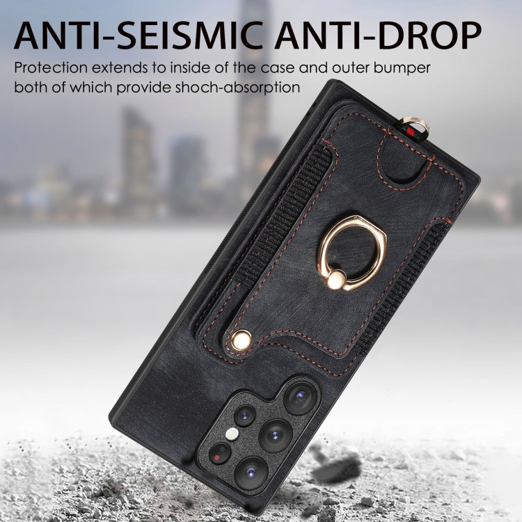 For Samsung Galaxy S22 Ultra 5G Retro Skin-feel Ring Multi-card Wallet Phone Case(Black) - Galaxy S22 Ultra 5G Cases by buy2fix | Online Shopping UK | buy2fix