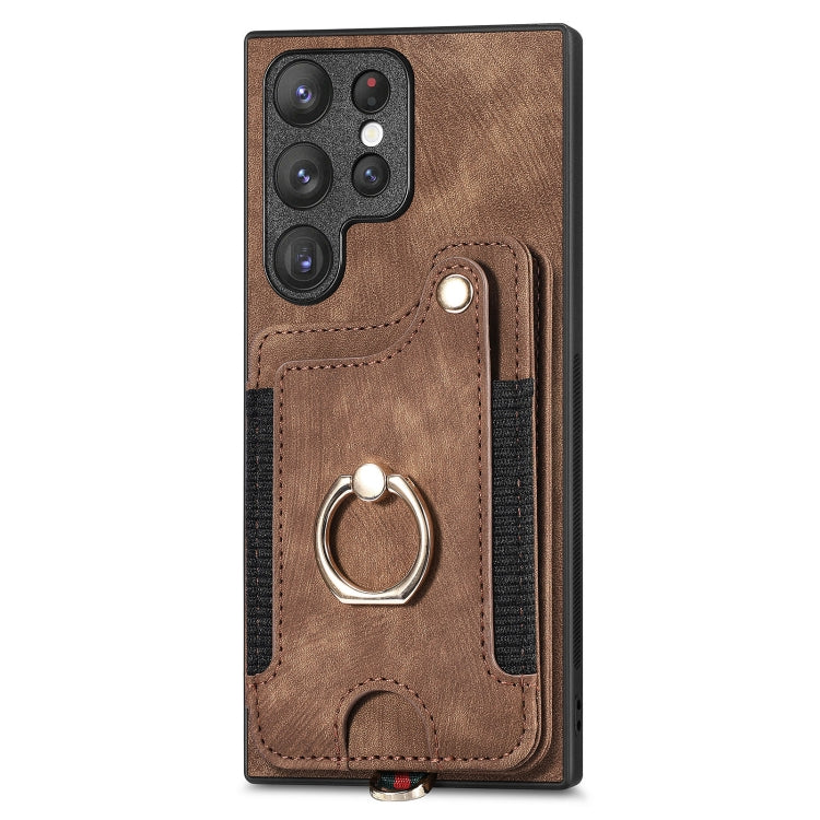 For Samsung Galaxy S22 Ultra 5G Retro Skin-feel Ring Multi-card Wallet Phone Case(Brown) - Galaxy S22 Ultra 5G Cases by buy2fix | Online Shopping UK | buy2fix