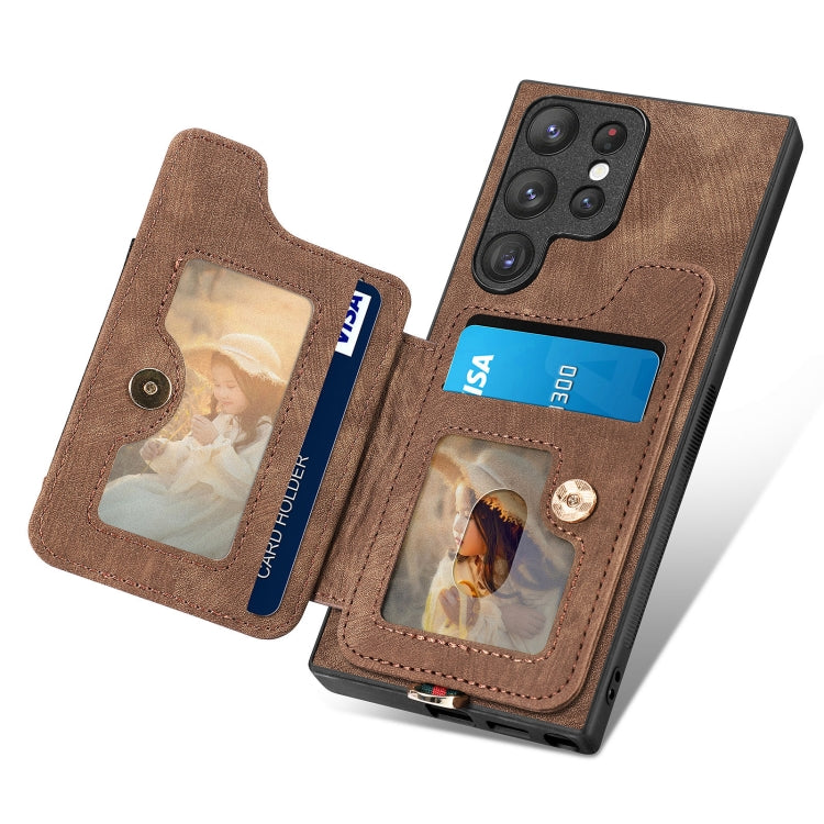 For Samsung Galaxy S22 Ultra 5G Retro Skin-feel Ring Multi-card Wallet Phone Case(Brown) - Galaxy S22 Ultra 5G Cases by buy2fix | Online Shopping UK | buy2fix