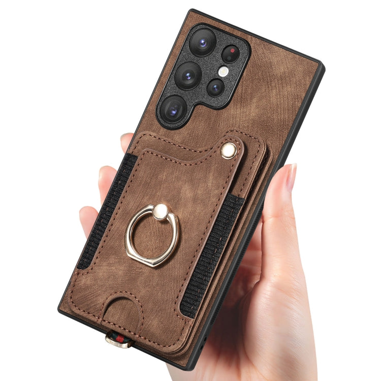 For Samsung Galaxy S22 Ultra 5G Retro Skin-feel Ring Multi-card Wallet Phone Case(Brown) - Galaxy S22 Ultra 5G Cases by buy2fix | Online Shopping UK | buy2fix
