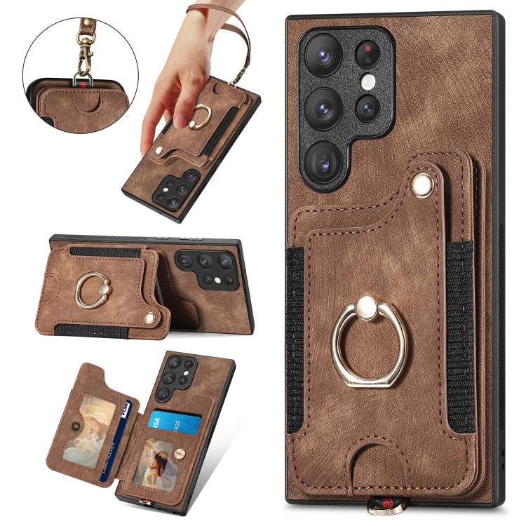 For Samsung Galaxy S22 Ultra 5G Retro Skin-feel Ring Multi-card Wallet Phone Case(Brown) - Galaxy S22 Ultra 5G Cases by buy2fix | Online Shopping UK | buy2fix