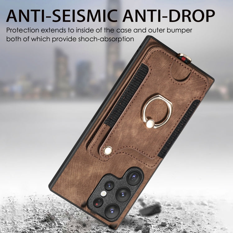For Samsung Galaxy S22 Ultra 5G Retro Skin-feel Ring Multi-card Wallet Phone Case(Brown) - Galaxy S22 Ultra 5G Cases by buy2fix | Online Shopping UK | buy2fix