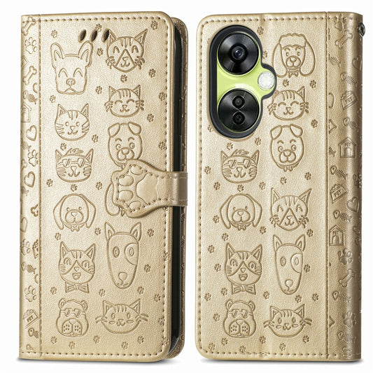 For OnePlus Nord CE 3 Lite Cat and Dog Embossed Leather Phone Case(Gold) by buy2fix