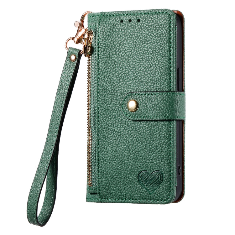 For iPhone 12 / 12 Pro Love Zipper Lanyard Leather Phone Case(Green) - iPhone 12 / 12 Pro Cases by buy2fix | Online Shopping UK | buy2fix