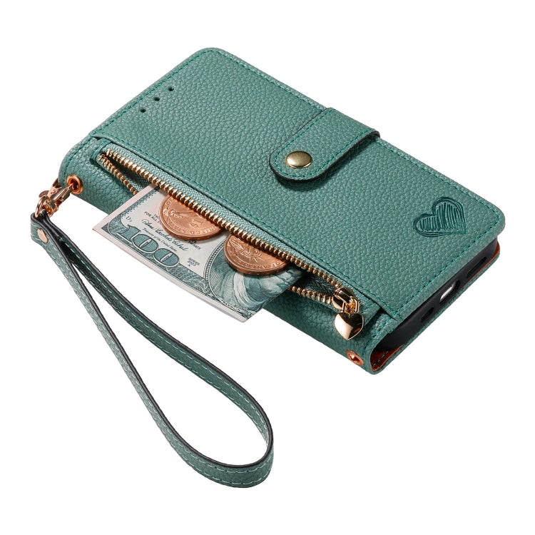 For iPhone 12 / 12 Pro Love Zipper Lanyard Leather Phone Case(Green) - iPhone 12 / 12 Pro Cases by buy2fix | Online Shopping UK | buy2fix