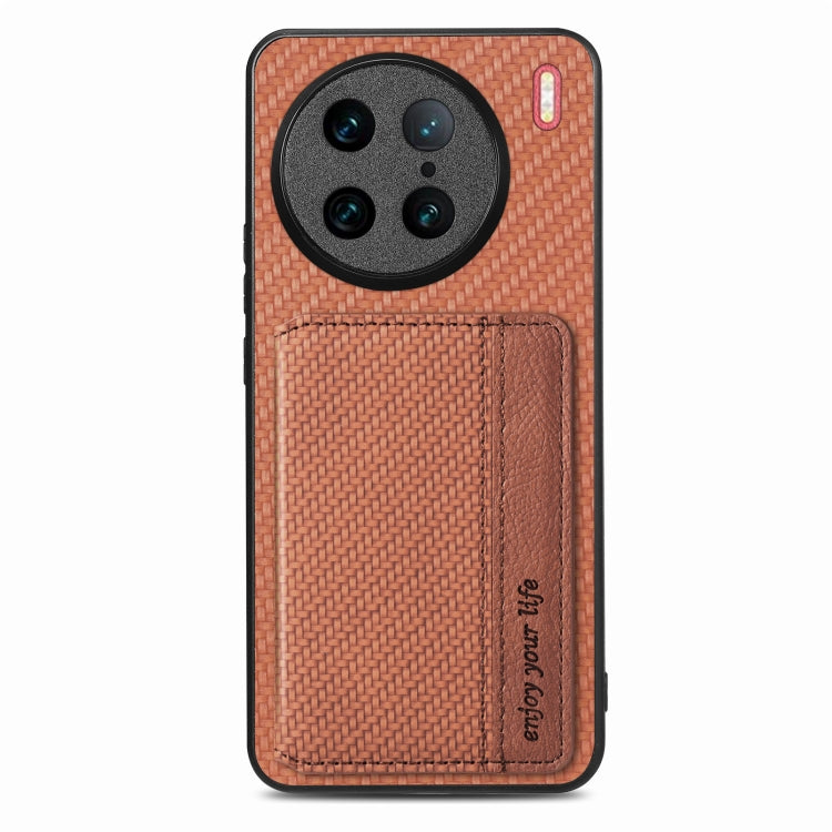 For vivo X90 Pro Carbon Fiber Magnetic Card Bag Phone Case(Brown) - vivo Cases by buy2fix | Online Shopping UK | buy2fix