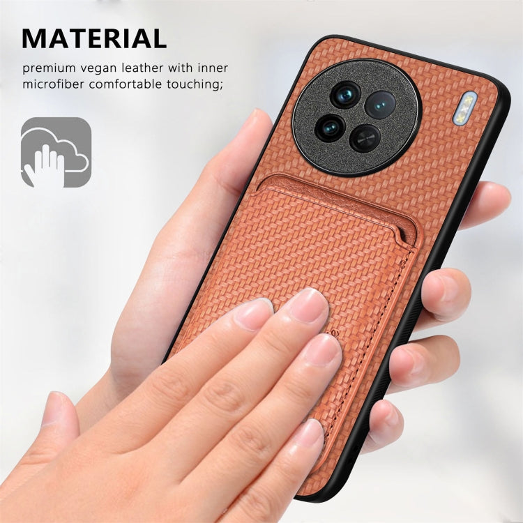 For vivo T1 Carbon Fiber Leather Card Magsafe Phone Case(Brown) - vivo Cases by buy2fix | Online Shopping UK | buy2fix