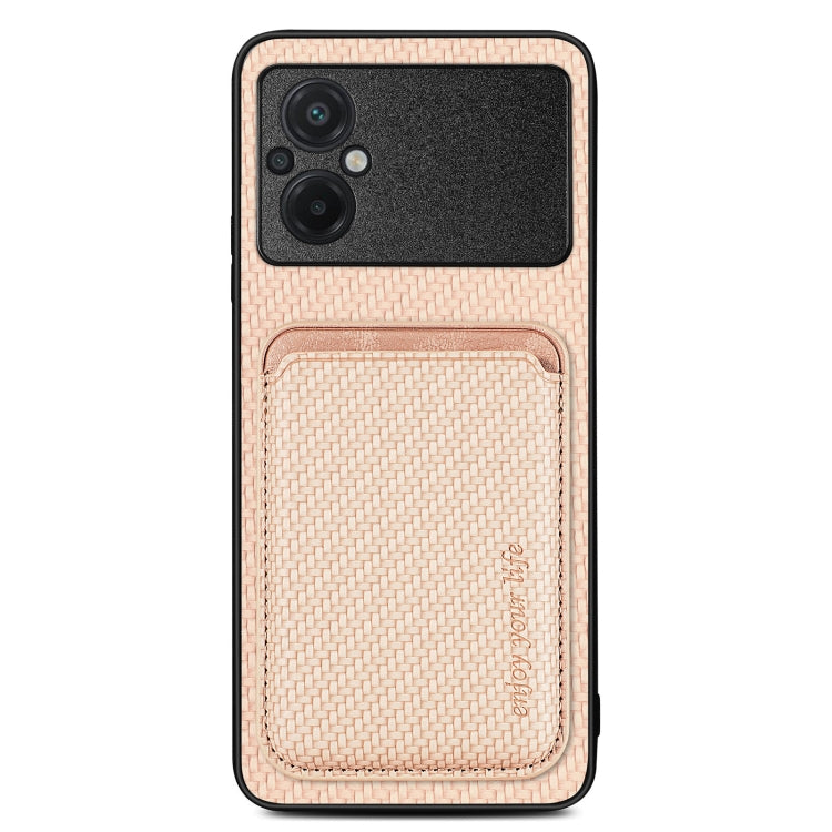 For Xiaomi Poco M5 4G Carbon Fiber Leather Card Magnetic Phone Case(Khaki) - Xiaomi Cases by buy2fix | Online Shopping UK | buy2fix