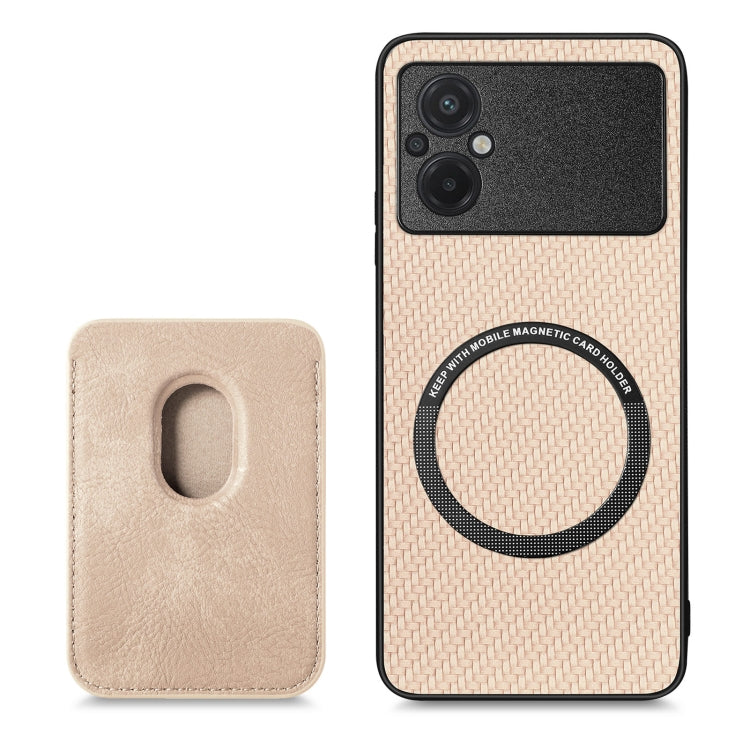 For Xiaomi Poco M5 4G Carbon Fiber Leather Card Magnetic Phone Case(Khaki) - Xiaomi Cases by buy2fix | Online Shopping UK | buy2fix