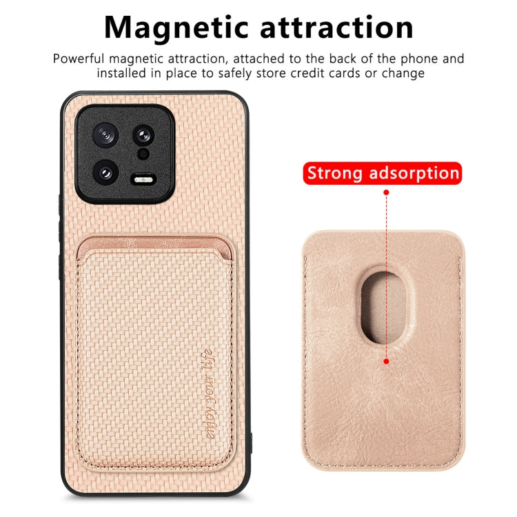 For Xiaomi 13 Carbon Fiber Leather Card Magnetic Phone Case(Khaki) - Xiaomi Cases by buy2fix | Online Shopping UK | buy2fix