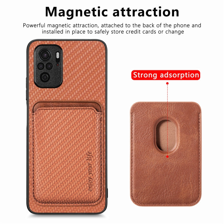 For Xiaomi Redmi Note 10 4G Carbon Fiber Leather Card Magnetic Phone Case(Brown) - Xiaomi Cases by buy2fix | Online Shopping UK | buy2fix