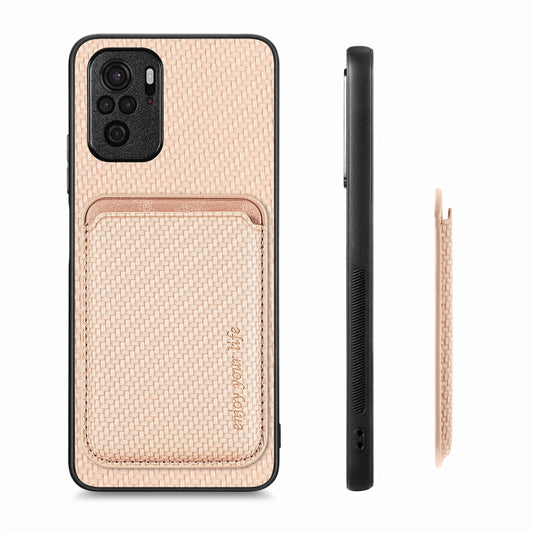 For Xiaomi Redmi Note 10 4G Carbon Fiber Leather Card Magnetic Phone Case(Khaki) by buy2fix