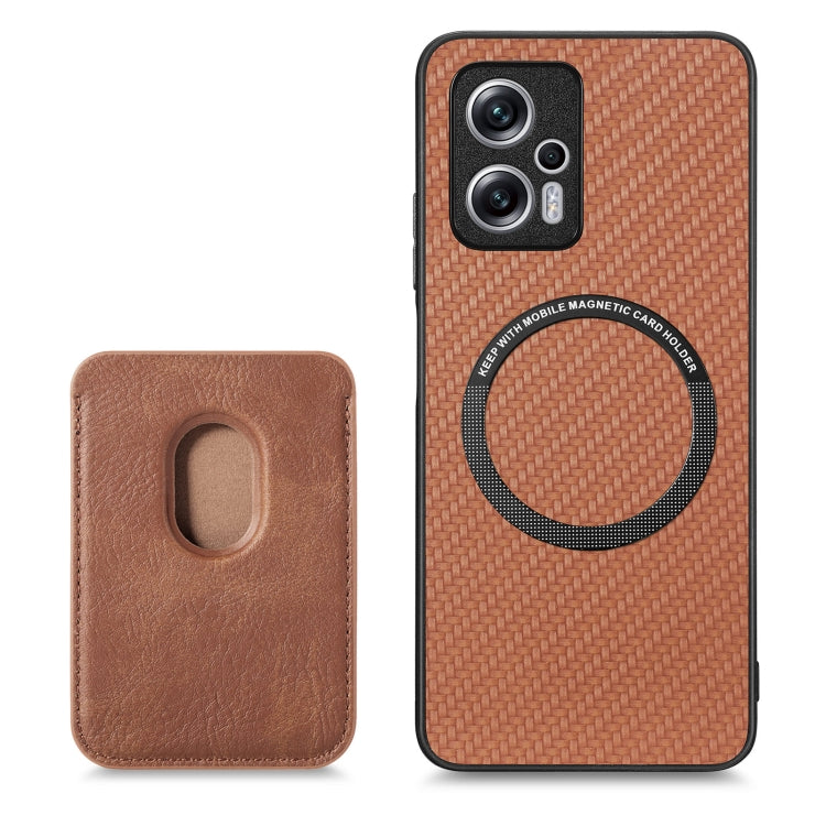For Xiaomi Redmi Note 11T Pro 5G Carbon Fiber Leather Card Magnetic Phone Case(Brown) - Xiaomi Cases by buy2fix | Online Shopping UK | buy2fix