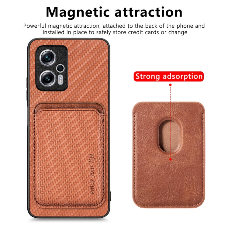 For Xiaomi Redmi Note 11T Pro 5G Carbon Fiber Leather Card Magnetic Phone Case(Brown) - Xiaomi Cases by buy2fix | Online Shopping UK | buy2fix