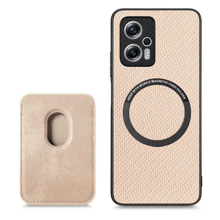 For Xiaomi Redmi Note 11T Pro 5G Carbon Fiber Leather Card Magnetic Phone Case(Khaki) - Xiaomi Cases by buy2fix | Online Shopping UK | buy2fix