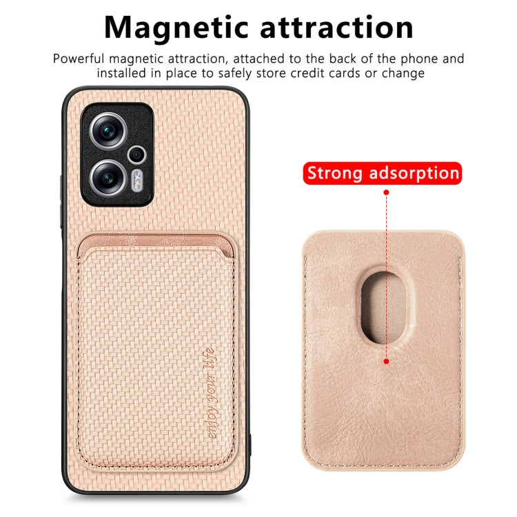 For Xiaomi Redmi Note 11T Pro 5G Carbon Fiber Leather Card Magnetic Phone Case(Khaki) - Xiaomi Cases by buy2fix | Online Shopping UK | buy2fix