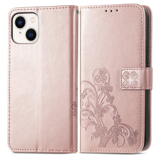 For iPhone 15 Four-leaf Clasp Embossed Buckle Leather Phone Case(Rose Gold) by buy2fix