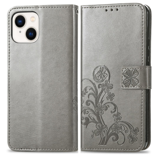For iPhone 15 Four-leaf Clasp Embossed Buckle Leather Phone Case(Gray) by buy2fix