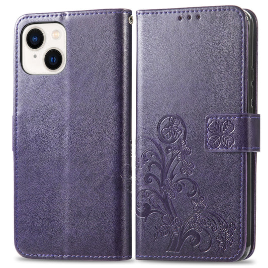 For iPhone 15 Four-leaf Clasp Embossed Buckle Leather Phone Case(Purple) by buy2fix