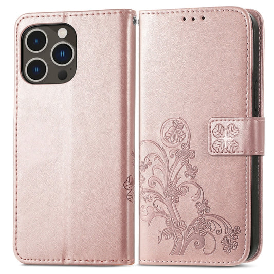 For iPhone 15 Pro Four-leaf Clasp Embossed Buckle Leather Phone Case(Rose Gold) by buy2fix