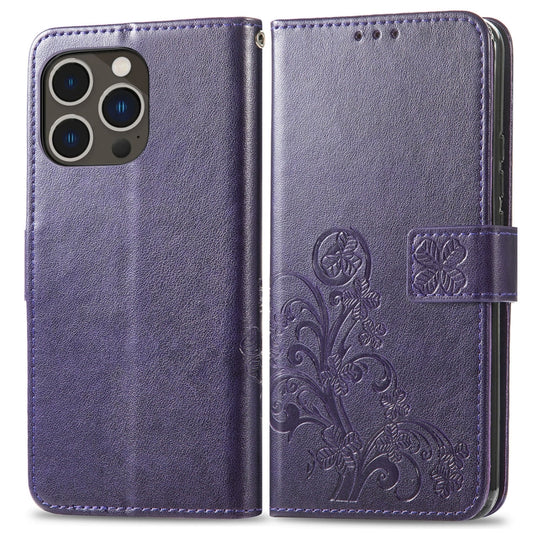 For iPhone 15 Pro Four-leaf Clasp Embossed Buckle Leather Phone Case(Purple) by buy2fix