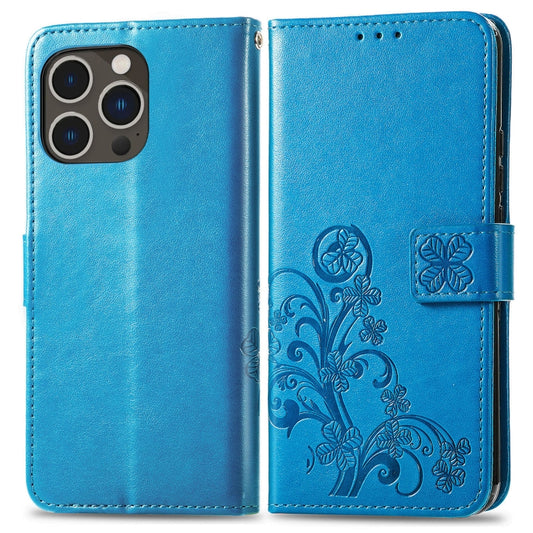 For iPhone 15 Pro Max Four-leaf Clasp Embossed Buckle Leather Phone Case(Blue) by buy2fix