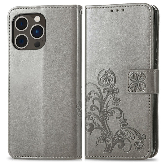 For iPhone 15 Pro Max Four-leaf Clasp Embossed Buckle Leather Phone Case(Gray) by buy2fix