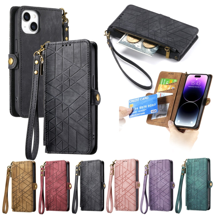 For iPhone 15 Plus Geometric Zipper Wallet Side Buckle Leather Phone Case(Pink) by buy2fix