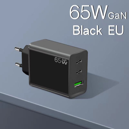 GaN PD65W Type-C x 2 + USB3.0 Charger with Type-C to Type-C Data Cable ,EU Plug(Black) by buy2fix