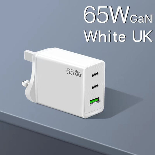 GaN PD65W Type-C x 2 + USB3.0 Charger with Type-C to Type-C Data Cable ,UK Plug(White) by buy2fix